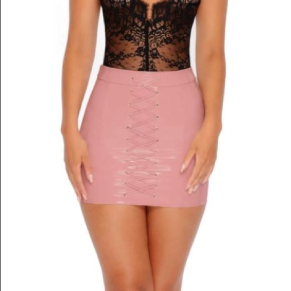 Corset lace up vinyl mini skirt